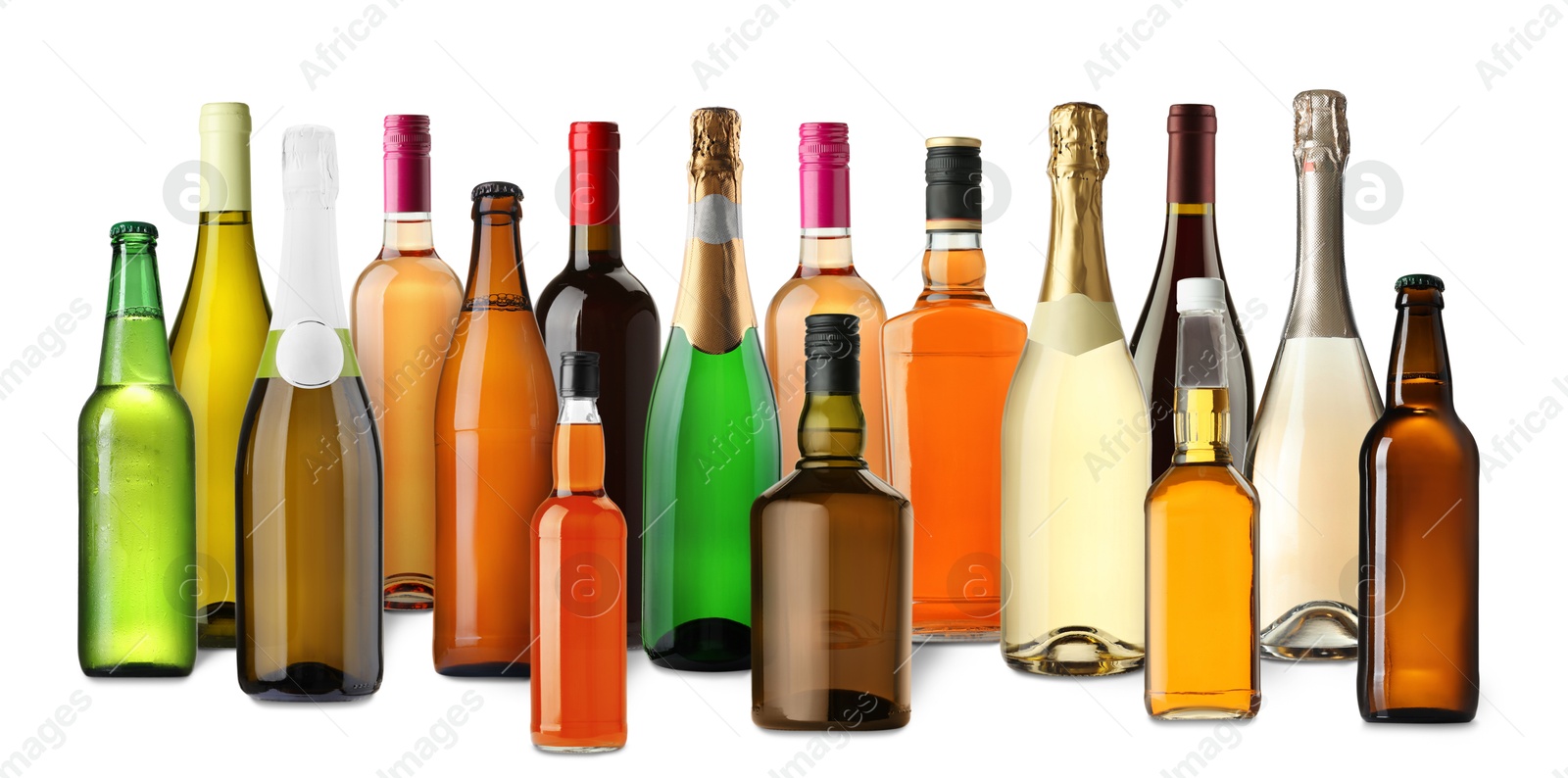 Bottles with different types of alcoholic drinks on white background, set Image of Bottles with different types of alcoholic drinks on white background, set