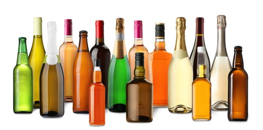 Image of Bottles with different types of alcoholic drinks on white background, set