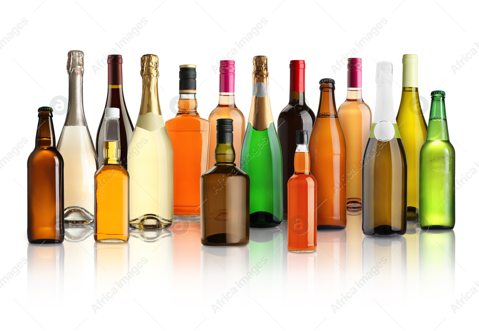 Bottles with different types of alcoholic drinks on white background, set Image of Bottles with different types of alcoholic drinks on white background, set