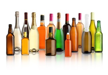 Image of Bottles with different types of alcoholic drinks on white background, set