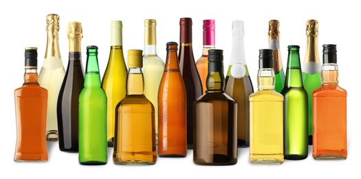 Image of Bottles with different types of alcoholic drinks on white background, set