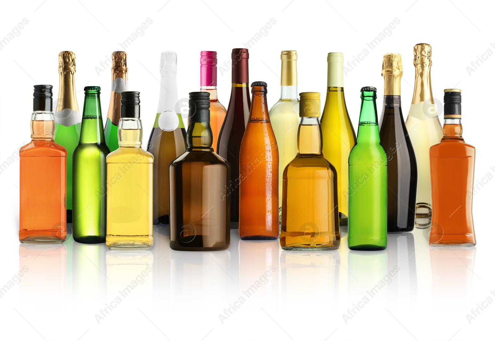 Bottles with different types of alcoholic drinks on white background, set Image of Bottles with different types of alcoholic drinks on white background, set