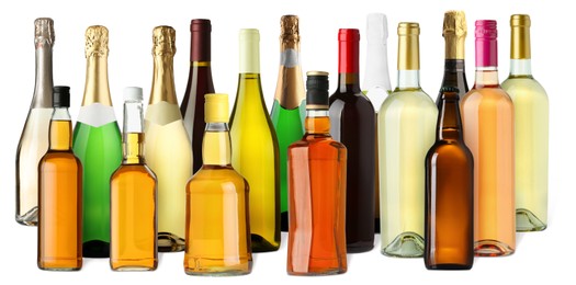 Image of Bottles with different types of alcoholic drinks on white background, set