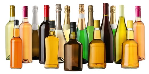 Image of Bottles with different types of alcoholic drinks on white background, set