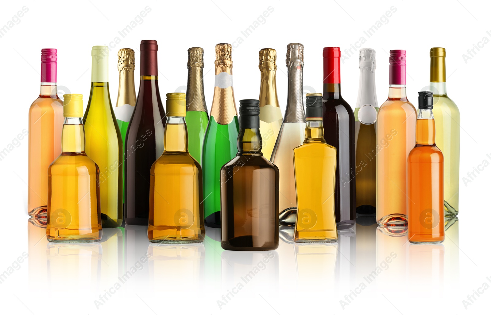 Bottles with different types of alcoholic drinks on white background, set Image of Bottles with different types of alcoholic drinks on white background, set