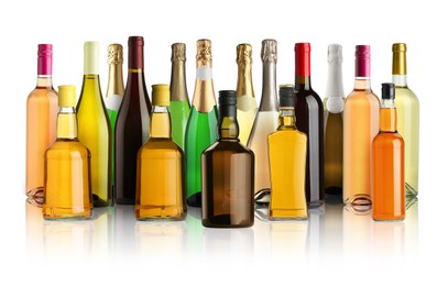 Image of Bottles with different types of alcoholic drinks on white background, set