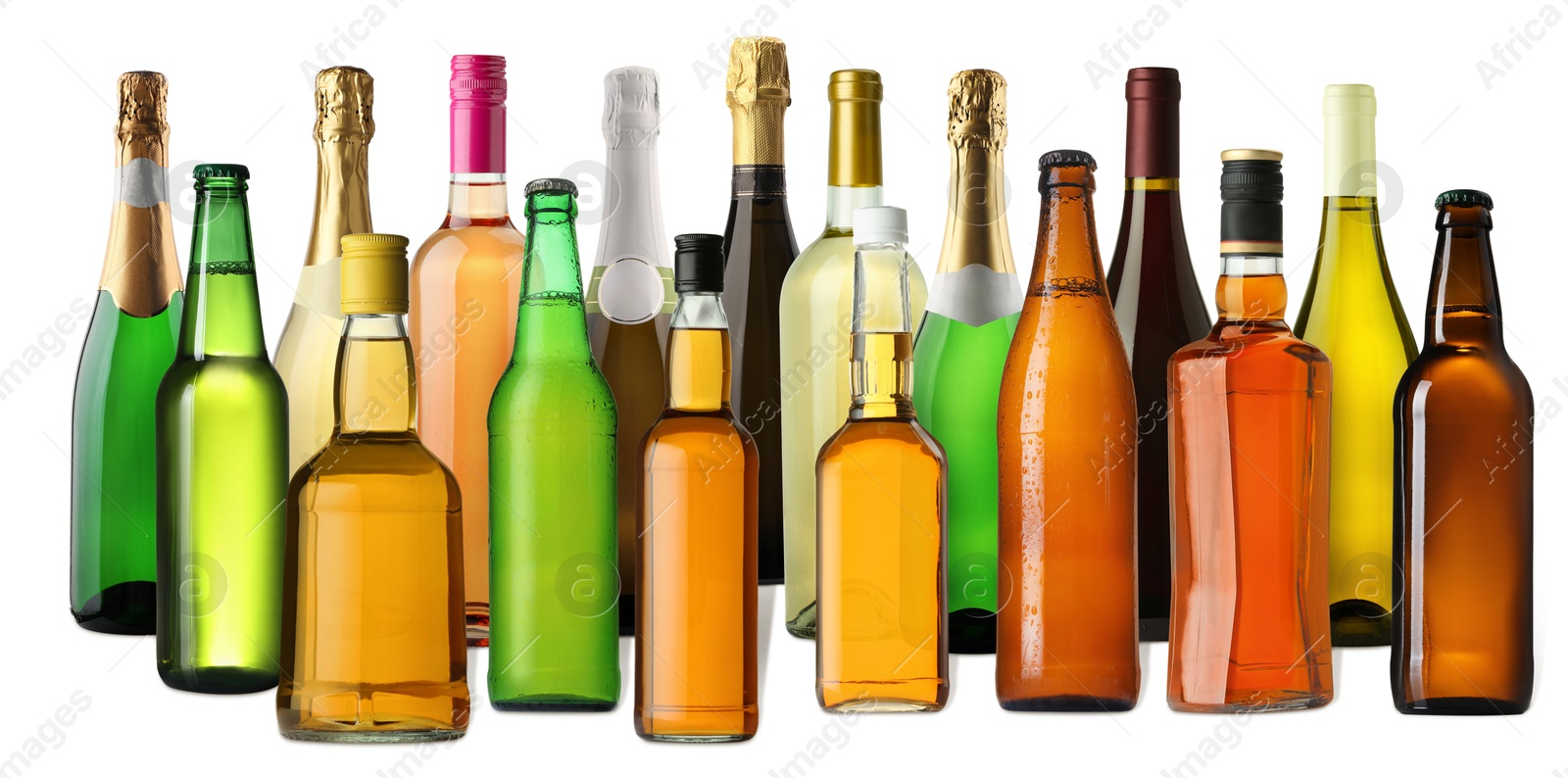 Bottles with different types of alcoholic drinks on white background, set Image of Bottles with different types of alcoholic drinks on white background, set