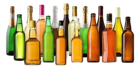 Image of Bottles with different types of alcoholic drinks on white background, set