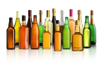 Image of Bottles with different types of alcoholic drinks on white background, set