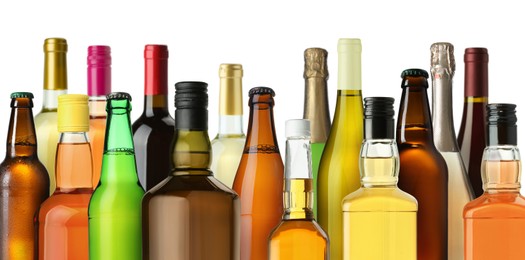 Image of Bottles with different types of alcoholic drinks on white background, set