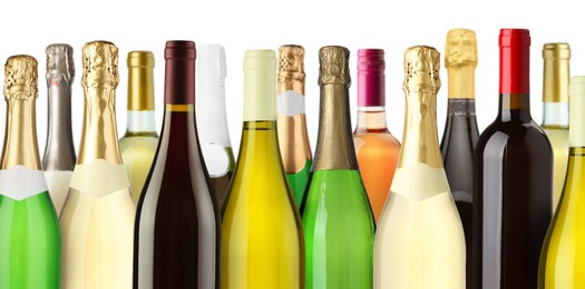 Image of Bottles with different types of alcoholic drinks on white background, set