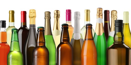Image of Bottles with different types of alcoholic drinks on white background, set