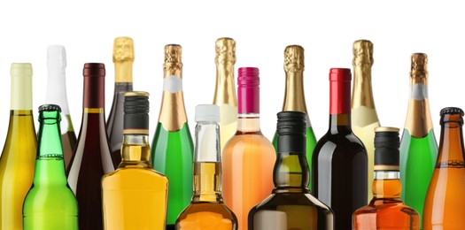 Image of Bottles with different types of alcoholic drinks on white background, set