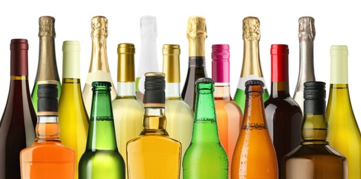 Image of Bottles with different types of alcoholic drinks on white background, set