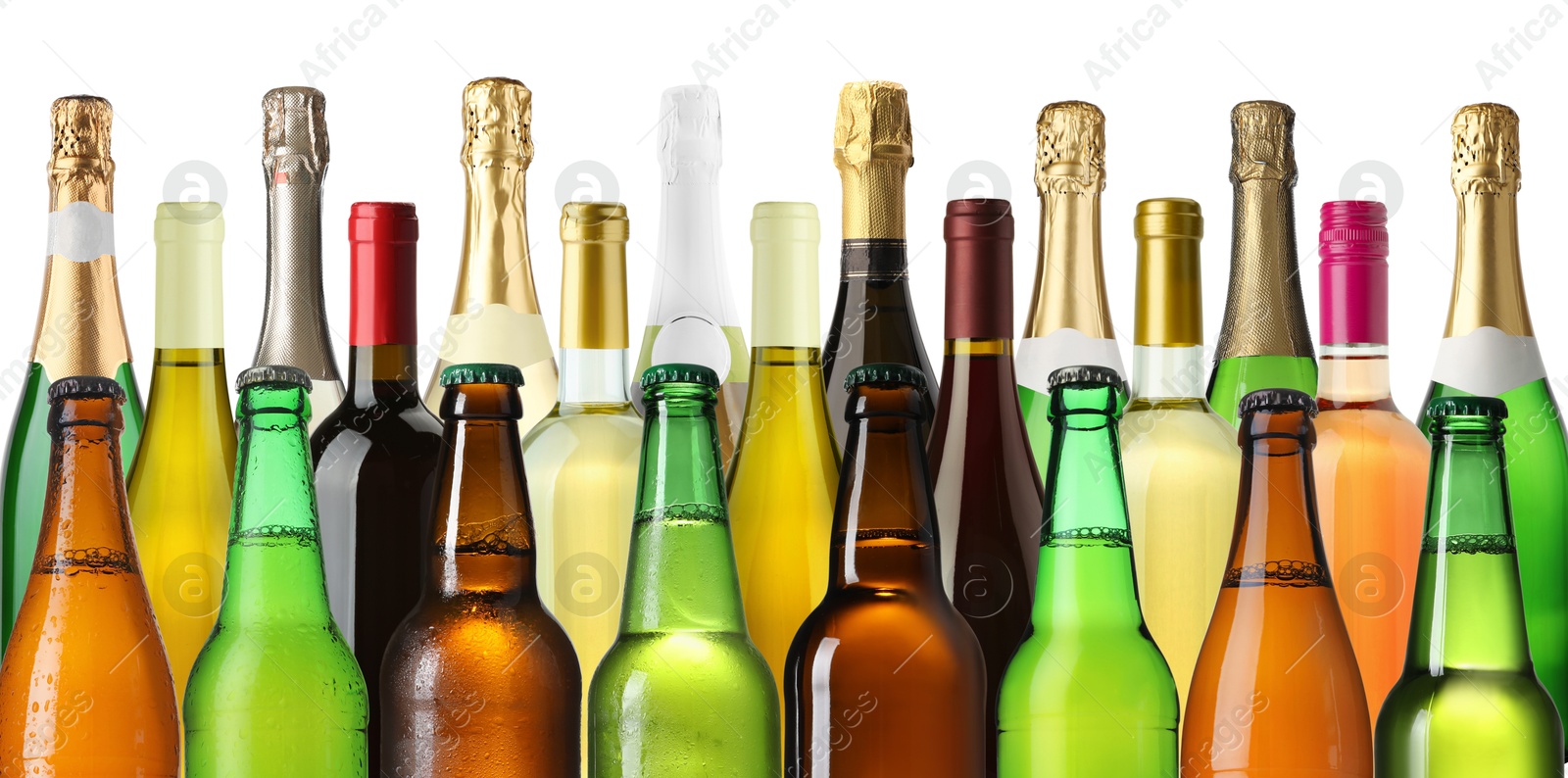 Bottles with different types of alcoholic drinks on white background, set Image of Bottles with different types of alcoholic drinks on white background, set