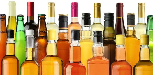 Image of Bottles with different types of alcoholic drinks on white background, set