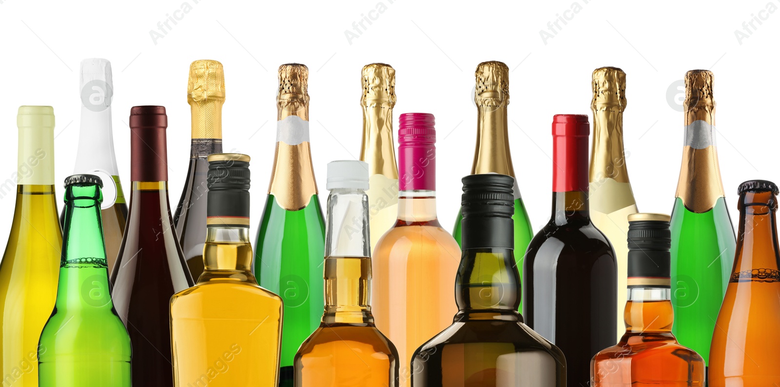 Bottles with different types of alcoholic drinks on white background, set Image of Bottles with different types of alcoholic drinks on white background, set
