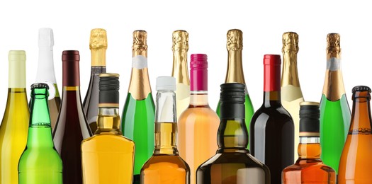 Image of Bottles with different types of alcoholic drinks on white background, set