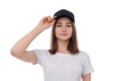 Photo of Young woman wearing stylish black baseball hat on white background