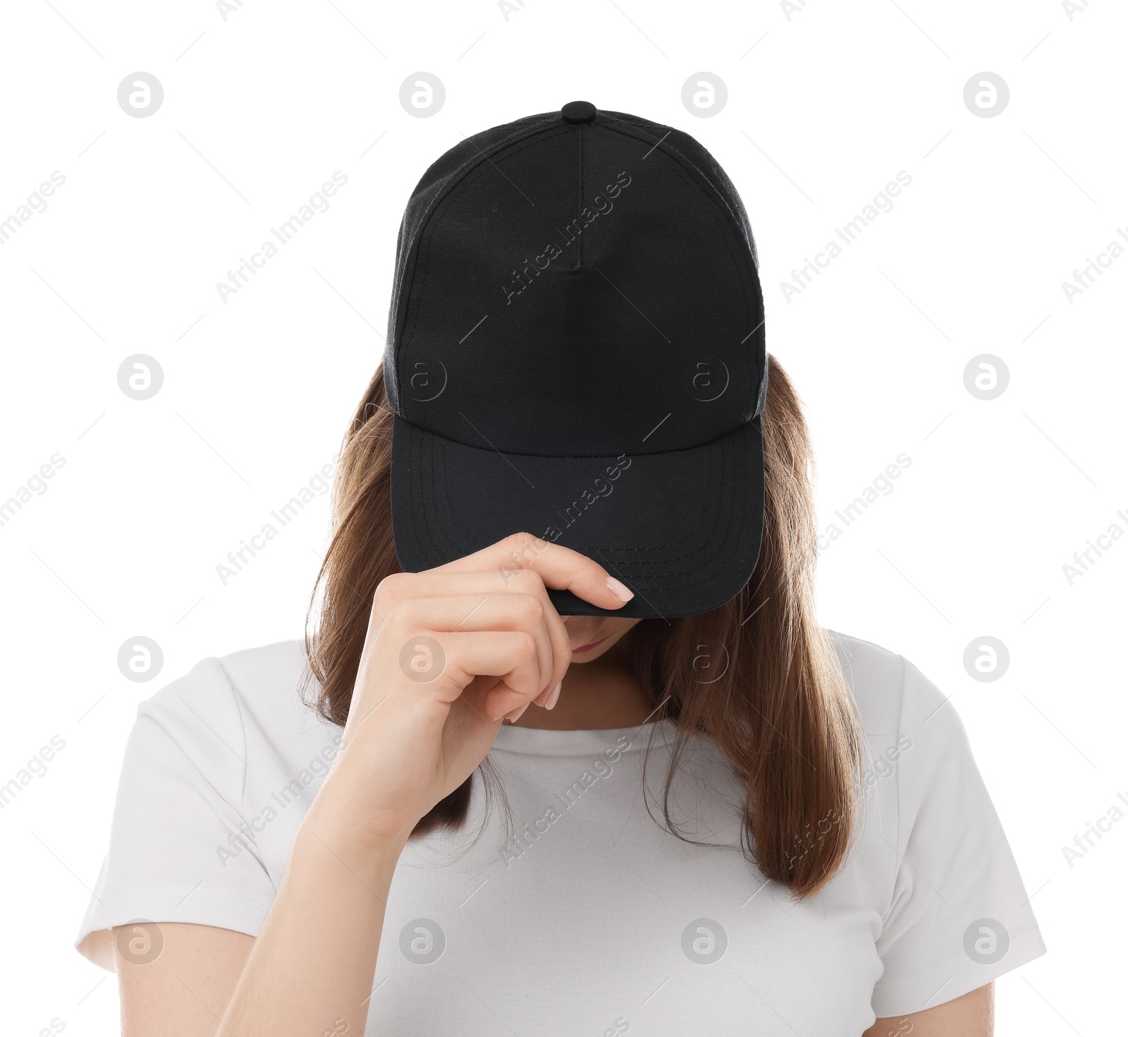 Photo of Young woman wearing stylish black baseball hat on white background