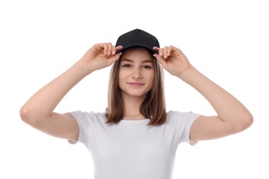 Photo of Young woman wearing stylish black baseball hat on white background
