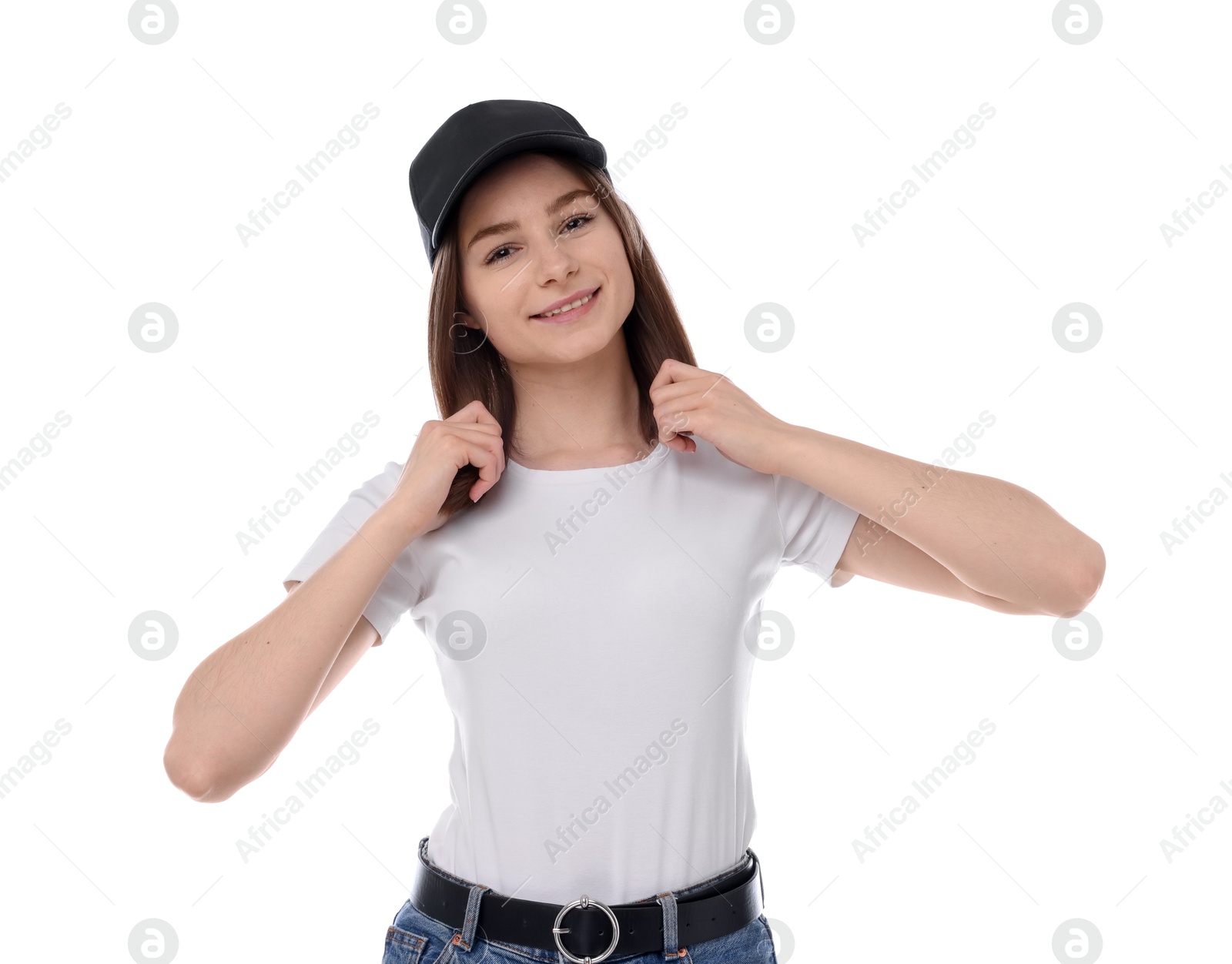 Photo of Young woman wearing stylish black baseball hat on white background