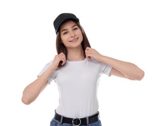 Photo of Young woman wearing stylish black baseball hat on white background