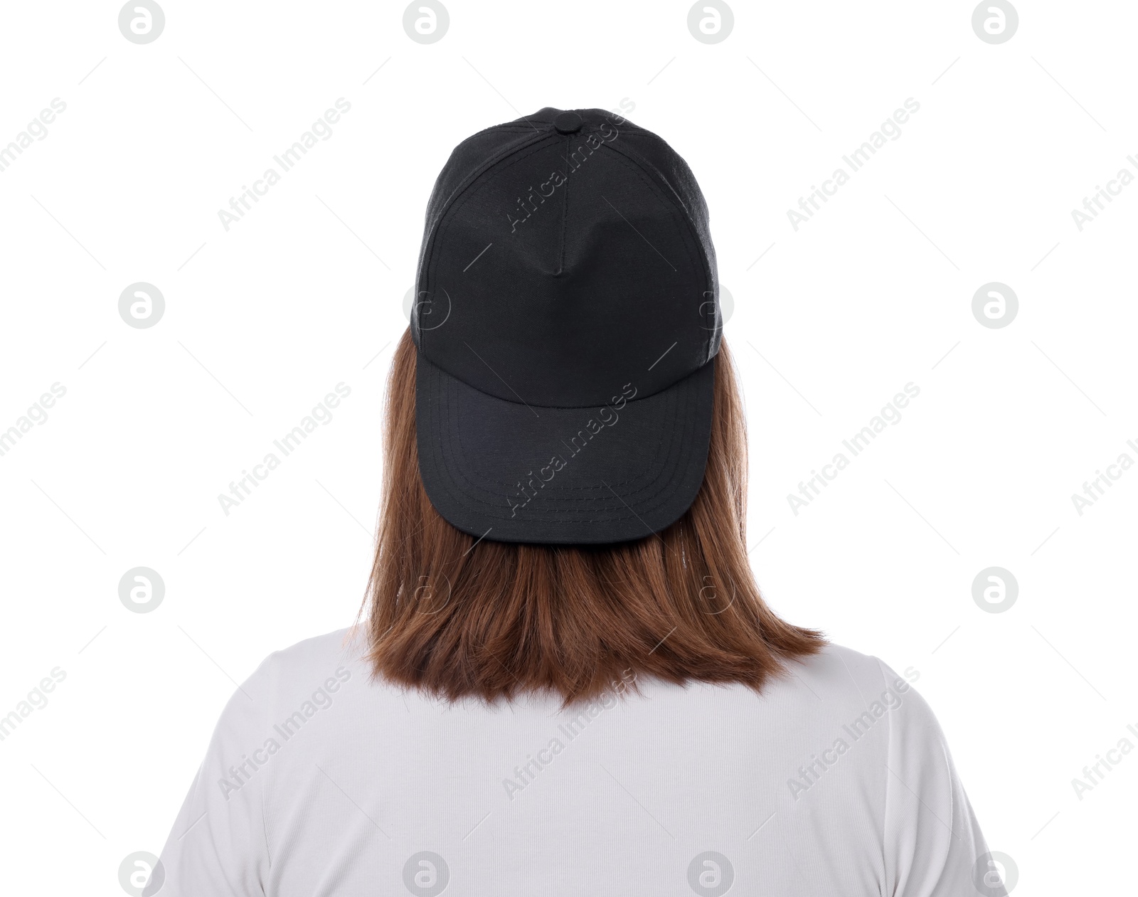 Photo of Young woman wearing stylish black baseball hat on white background, back view