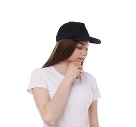Photo of Young woman wearing stylish black baseball hat on white background