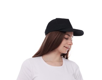 Photo of Young woman wearing stylish black baseball hat on white background