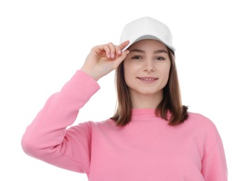 Photo of Young woman wearing stylish baseball hat on white background