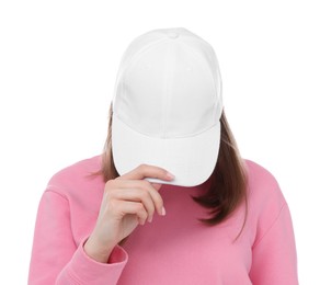 Photo of Young woman wearing stylish baseball hat on white background