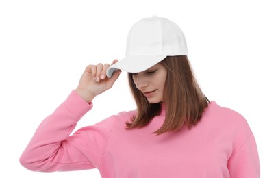 Photo of Young woman wearing stylish baseball hat on white background