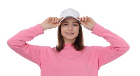 Photo of Young woman wearing stylish baseball hat on white background