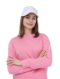 Photo of Young woman wearing stylish baseball hat on white background