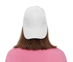 Photo of Young woman wearing stylish baseball hat on white background, back view