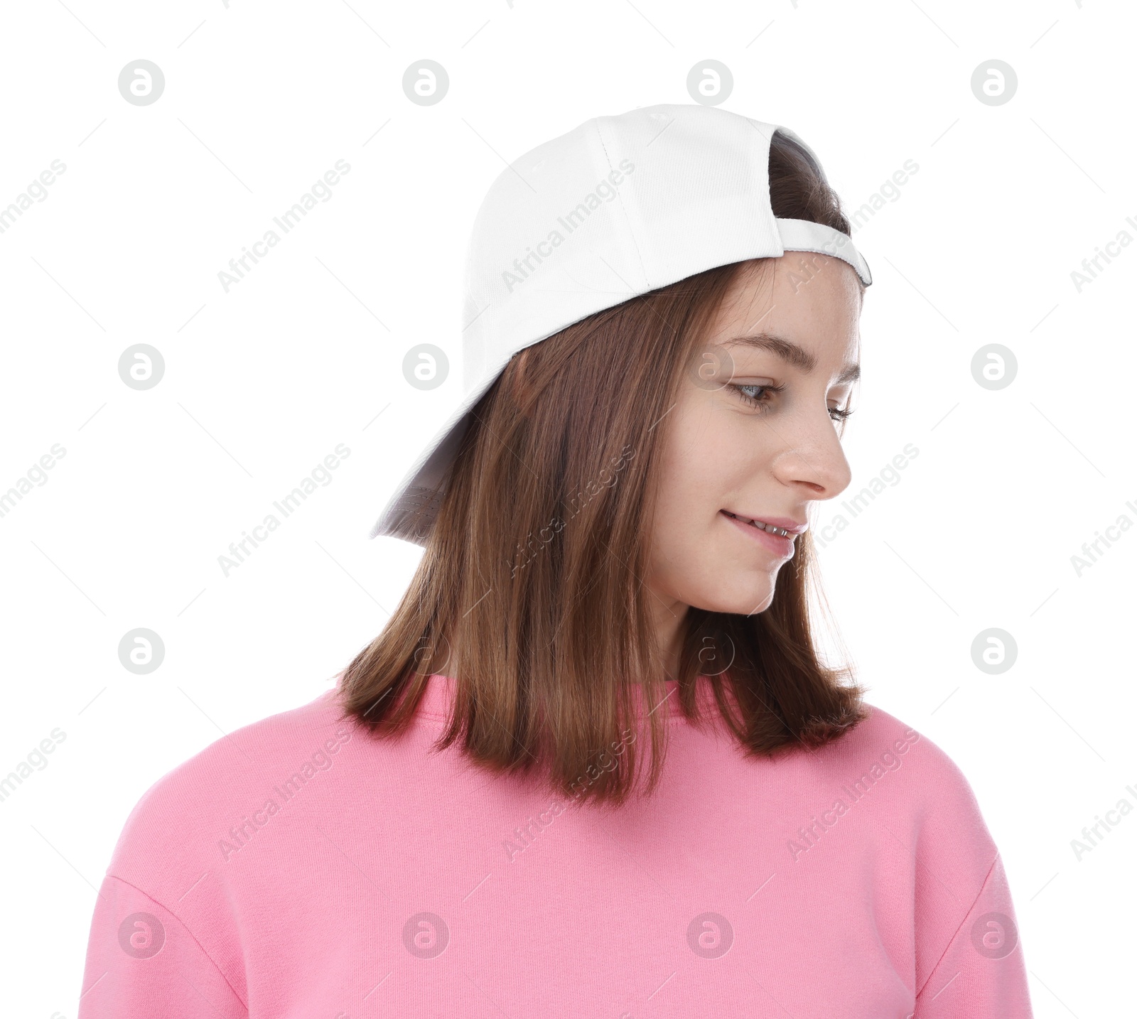 Young woman wearing stylish baseball hat on white background Photo of Young woman wearing stylish baseball hat on white background