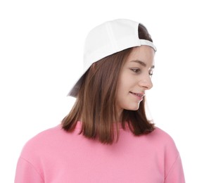 Photo of Young woman wearing stylish baseball hat on white background