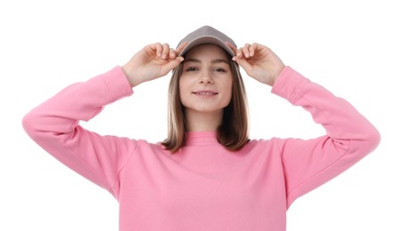 Photo of Young woman wearing stylish grey baseball hat on white background