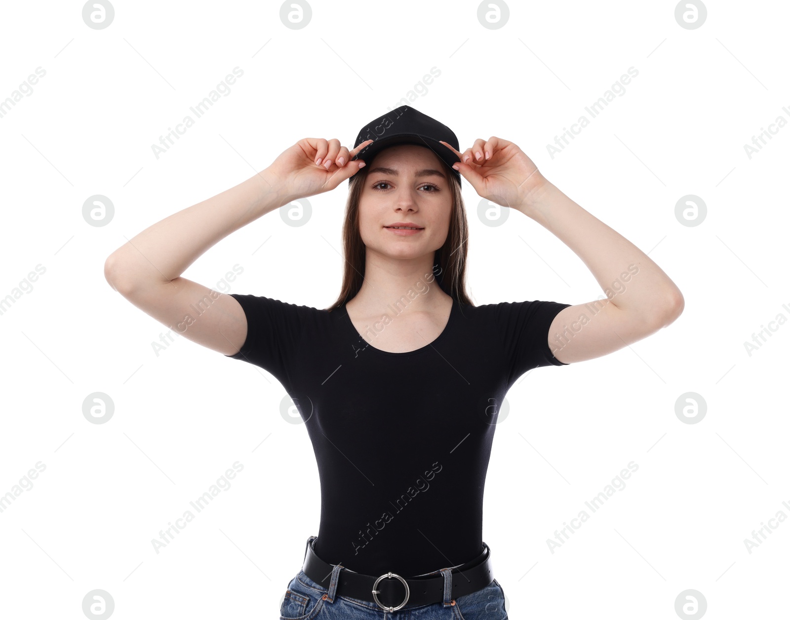 Photo of Young woman wearing stylish black baseball hat on white background