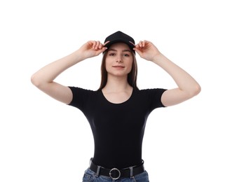 Photo of Young woman wearing stylish black baseball hat on white background