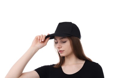Photo of Young woman wearing stylish black baseball hat on white background