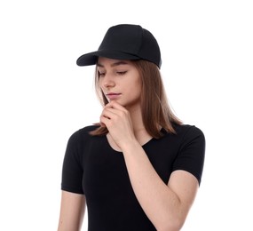 Photo of Young woman wearing stylish black baseball hat on white background