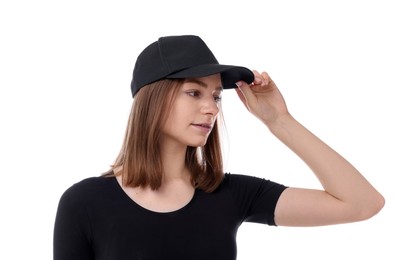 Photo of Young woman wearing stylish black baseball hat on white background