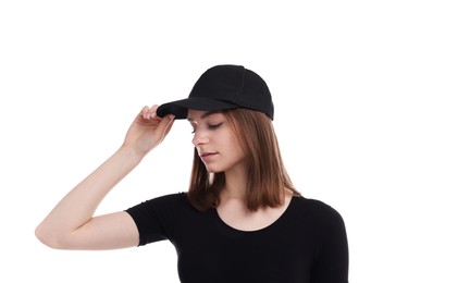 Photo of Young woman wearing stylish black baseball hat on white background