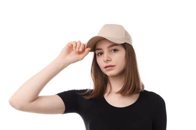 Photo of Young woman wearing stylish beige baseball hat on white background