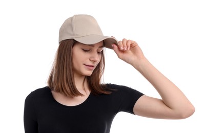 Photo of Young woman wearing stylish beige baseball hat on white background