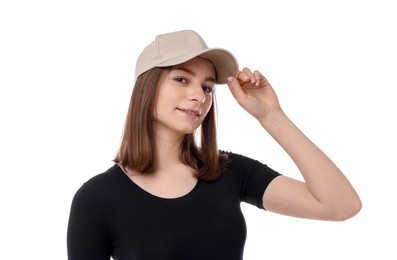 Photo of Young woman wearing stylish beige baseball hat on white background