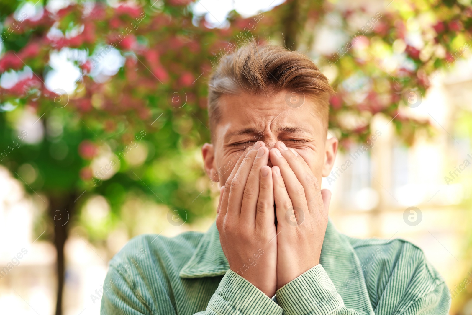 Young man suffering from seasonal pollen allergy near blossoming tree on spring day Photo of Young man suffering from seasonal pollen allergy near blossoming tree on spring day