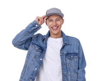 Photo of Young man wearing stylish baseball hat on white background